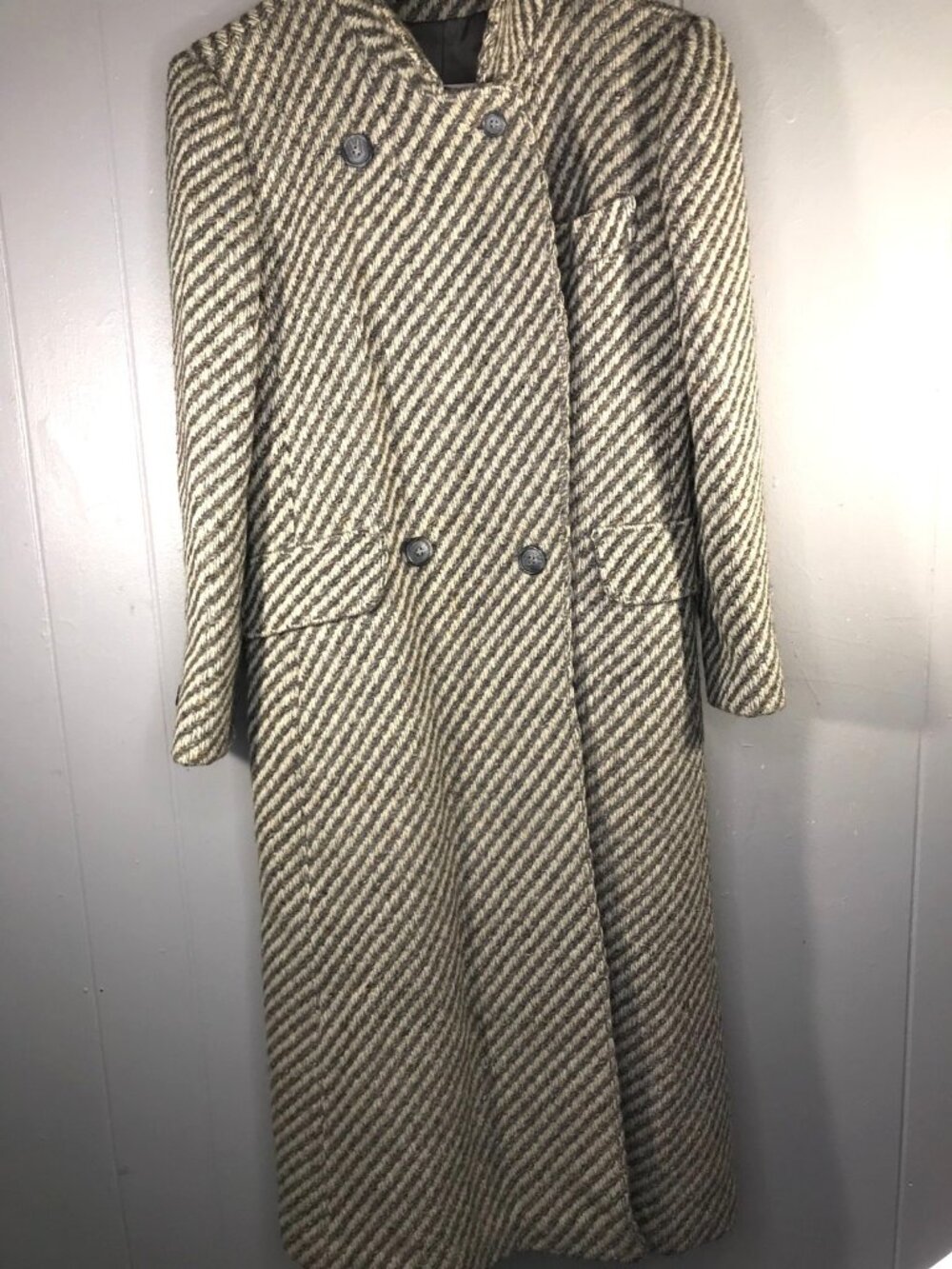 Vintage 70s Jill Jr Neiman Marcus USA Wool Tweed Trench Coat Long Oatmeal sz 38